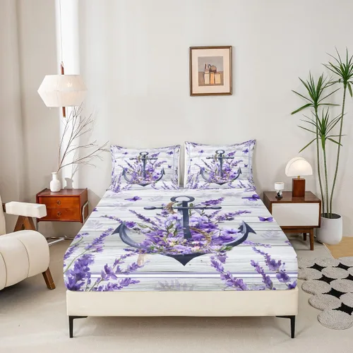 Vista 5 de Anchor Nautical - Juego de sábanas románticas para niños, tamaño individual, diseño de mariposas y lavanda morado, decoración de habitación de niños