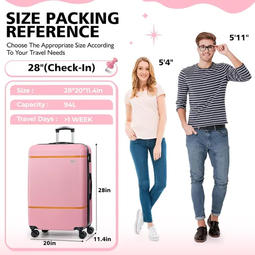 Vista 3 de AnyZip Equipaje ABS+PC Hardside maleta ligera con ruedas giratorias TSA Lock, Rosado