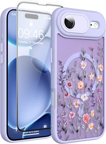 Vista 189 de Magnético para iPhone 13 con protector de pantalla [Compatible con MagSafe] Diseño de patrón floral de flores bonitas, funda delgada a prueba