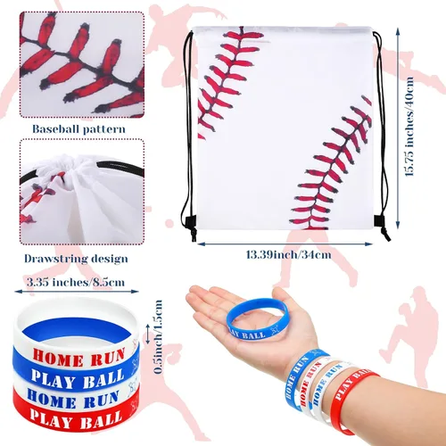 Vista 2 de Roowest 24 bolsas de recuerdos de fiesta de béisbol con pulseras con cordón de béisbol, bolsas de regalo para niños, suministros de fiesta