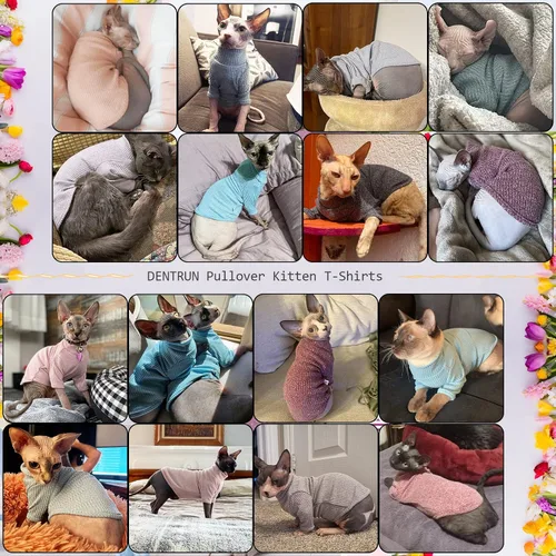 Vista 6 de DENTRUN Sphynx - Camisa de gatos sin pelo, camiseta de gatito, transpirable, cuello alto, adorable ropa de gato, chaleco de pijama Negro