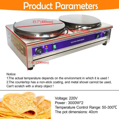 Vista 3 de Máquina eléctrica comercial para crepas, máquina de panqueques de doble cabeza, 15.7 in, plancha antiadherente con control de temperatura