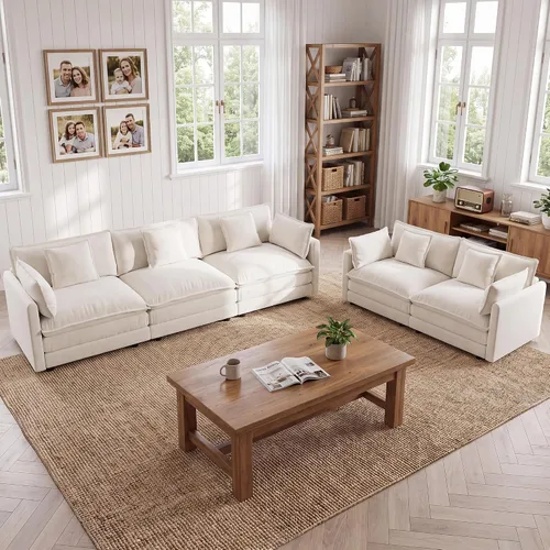 Vista 30 de Tmsan Chenille Cloud - Juego de sofá y silla, color beige y blanco Blanco beige