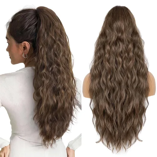 Vista 15 de Extension de cola de caballo con cordón de 26 pulgadas para mujer, extensiones de cola de caballo largas y onduladas, extensiones de cabello