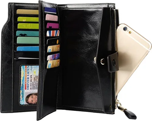 Vista 20 de Cartera plegable de cuero de gran capacidad con bloqueo RFID para mujer
