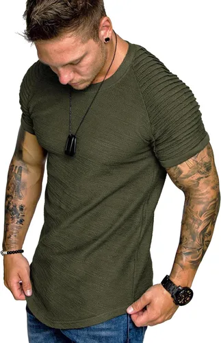 Vista 12 de COOFANDY Camiseta Muscular para Hombre de Manga Raglán Plisada Camiseta de Culturismo para Gimnasio Manga Corta Camisas de Entrenamiento de Moda