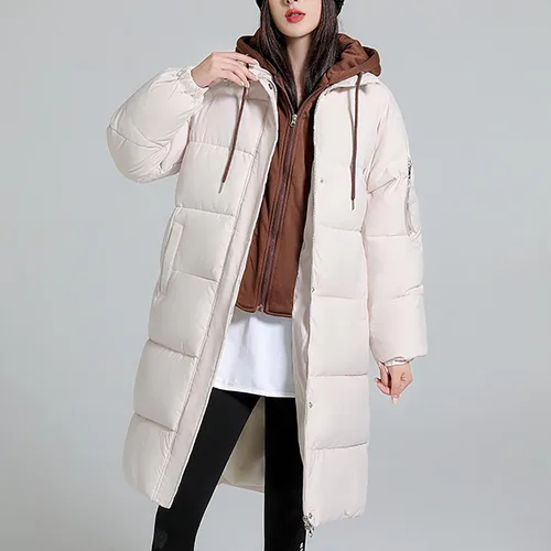 Vista 7 de Chaqueta acolchada suelta con capucha gruesa de dos piezas de algodón cálido chaqueta de color sólido con cordón para mujer