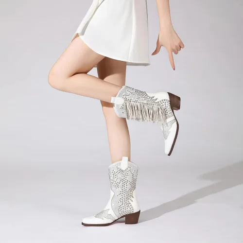 Vista 5 de Tsrenlmln Botas de tobillo para mujer, con punta puntiaguda, con diamantes de imitación, tacón grueso, remaches, botas vaqueras occidentales