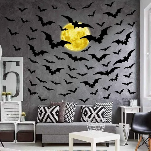 Vista 13 de Halloween Moon Wall Sticker Black Bat Wall Stickers Vinyl Crow Bird Tree Branch Wall Decals Removable Halloween Moon Bat Wall Decals Bats Window