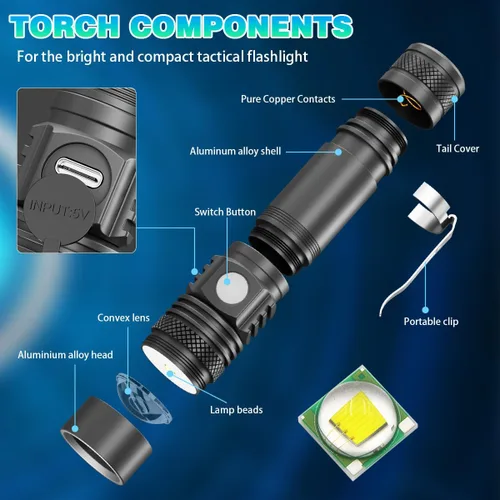 Vista 6 de NAKCNM 2 Pack High Lumens LED Flashlight, Rechargeable Super Bright Torch with Adjustable Focus, USB-C Charging, Small Pocket-Sized Flashlight for