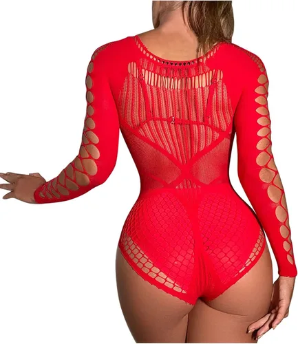 Vista 5 de Body de red de manga larga para mujer, lencería para sexo, travieso de malla hueca transparente, ropa de dormir sexy babydoll de peluche