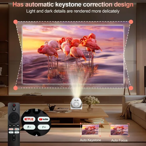 Vista 4 de Mini proyector portátil con Bluetooth, proyector compatible con 1080P 4K, proyector de video de corrección Keystone de enfoque automático, proyector