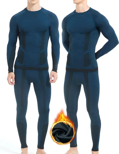 Vista 9 de NOOYME Ropa Interior Térmica Long Johns para Hombre - Capa Base de Ropa Interior Larga para Clima Frío Negro-Azul