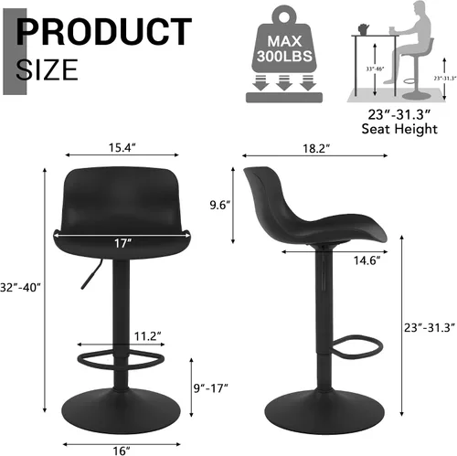 Vista 2 de LSSBOUGHT Taburetes de bar, taburetes de bar giratorios de altura de mostrador con respaldo de carcasa de plástico, sillas de bar ajustables, Negro