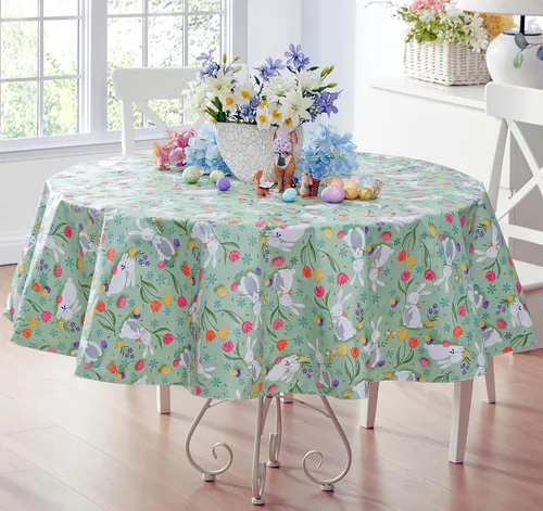 Vista 13 de Newbridge Blue Easter Cotton Tail Bunny Party 52 x 52 inch Square Vinyl Tablecloth with Flannel Backing, Bunny Rabbit, Easter Eggs and Floral Design