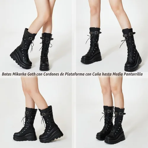 Vista 2 de mikarka Botas de combate de plataforma holográfica para mujer, a media pantorrilla, con cordones, tacón de cuña, con estoperoles, botas góticas