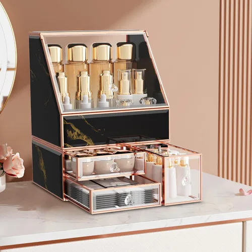 Vista 7 de CoralHouse Organizador de maquillaje, organizador de maquillaje ámbar con cajón, soporte para el cuidado de la piel para encimera de baño, vitrina