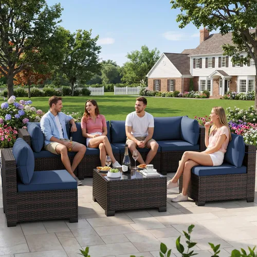 Vista 13 de LEVELEVE Juego de 7 muebles de patio al aire libre, juego seccional de conversación de ratán, sofá de mimbre de tejido manual con mesa de té Marrón