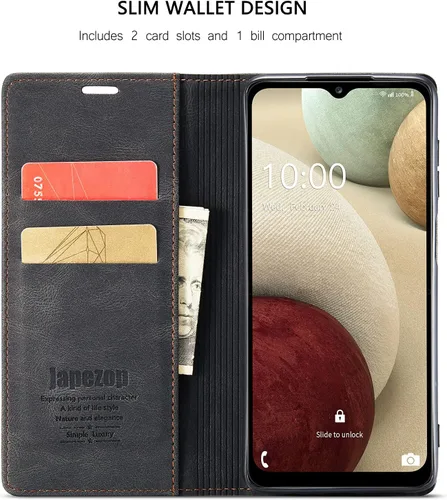 Vista 3 de Funda tipo cartera para Samsung Galaxy A12 con tarjetero [bloqueo RFID] atril magnético, funda de cuero con tapa para Samsung Galaxy A12 (negro)