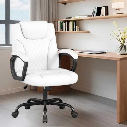 Vista 2 de Misolant Silla de oficina, silla de escritorio ejecutiva, cómodas sillas ergonómicas de piel sintética con reposabrazos fijo, altura ajustable Blanco