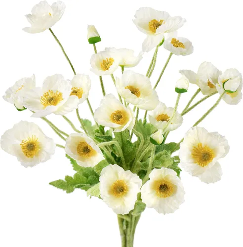 Vista 9 de FiveSeasonStuff Ramo de flores artificiales de amapolas de seda para recuerdo, hogar, boda, 22 pulgadas, 6 tallos (azul hielo antártico)