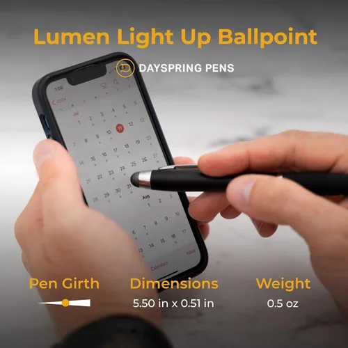 Vista 5 de Dayspring Pens Lumen Light-Up - Bolígrafo grabado con lápiz capacitivo, negro, grabado iluminado con pantalla de luz multicolor, acción de clic
