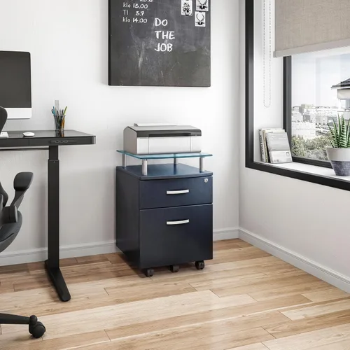 Vista 2 de Archivador rodante de 2 cajones con cerradura y parte superior de cristal, archivador debajo del escritorio con ruedas, soporte para impresora