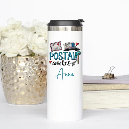 Vista 2 de Postal Worker - Taza de café delgada de 14 onzas, regalo para él, taza de café de acero inoxidable, regalo para cartero, mujeres postales, taza