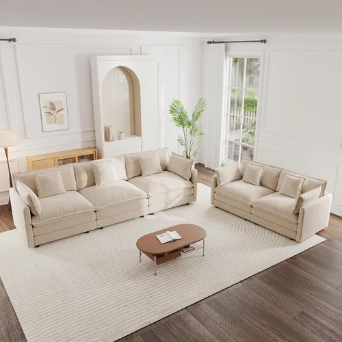 Vista 21 de mikibama Juego de sofá biplaza y sillón de lujo de 2 piezas, moderno juego de sofás nube tapizados de chenilla con 5 almohadas para sala de estar