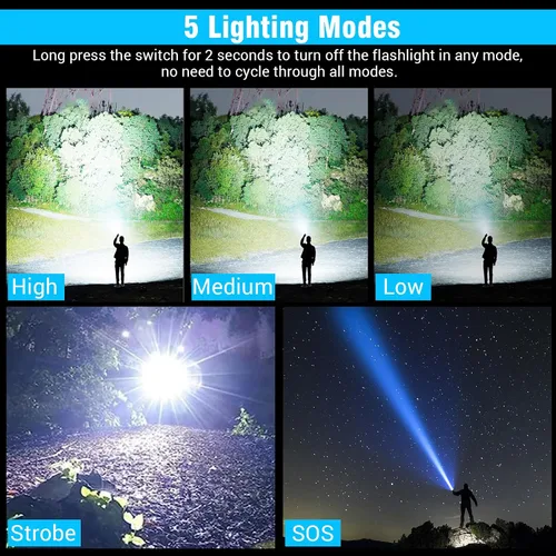 Vista 2 de Linternas Recargables de Alto Lúmenes, Luz LED Súper Brillante, Linternas Tácticas con Pantalla LCD de Energía, 5 Modos, Impermeable, Linterna Más
