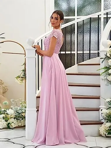 Vista 4 de Minrenfun Vestido de encaje de gasa para madre de la novia para boda, acampanado, manga tapada, vestidos de noche formales con bolsillos