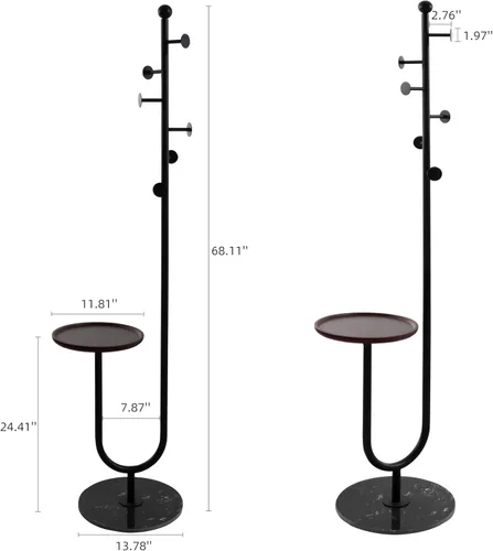 Vista 2 de JIAYUEJU Perchero independiente con mesa y 6 ganchos, árbol de abrigo de esquina, base de mármol resistente para dormitorio, sala de estar, oficina