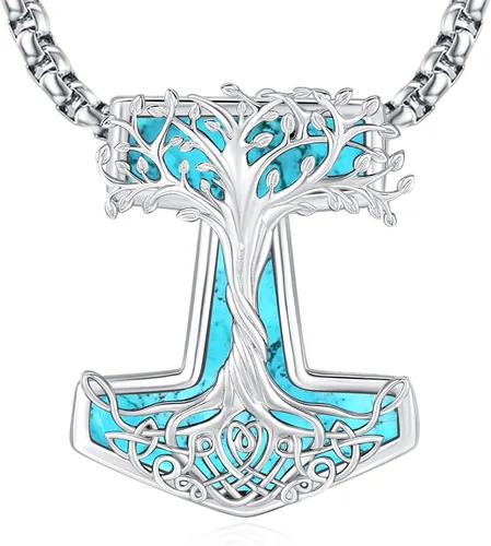 Vista 94 de Joyas de turquesa para mujeres y hombres de plata de ley 925 con colgante de urna para cenizas, collar con medallón de imagen, martillo de Thor