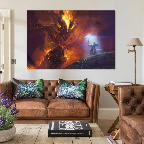 Vista 3 de Balrog Vs Gandalf - Póster de arte en lienzo con texto en inglés "Lord of the Ring" (El señor del anillo) y arte de pared, póster moderno