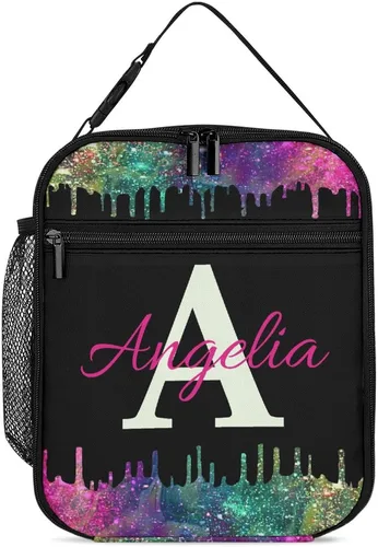 Vista 11 de Bolsa de almuerzo con nombre personalizado para hombres y mujeres, con monograma de purpurina azul, hielera, portátil, con nombre, para niñas