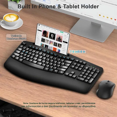 Vista 3 de Combo de teclado y mouse inalámbricos, teclas onduladas de tamaño completo 2.4G, teclado ergonómico con reposamuñecas, soporte para teléfono, mouse