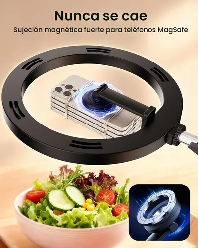 Vista 3 de Anillo de luz con soporte magnético para teléfono, soporte de teléfono superior para escritorio, trípode LED de 10 pulgadas para iPhone con anillo