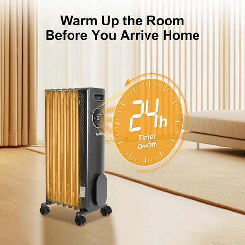 Vista 7 de hykolity - Radiador eléctrico de aceite, portátil, de 1500 W. Calentador radiante para toda la habitación con termostato ajustable, control remoto