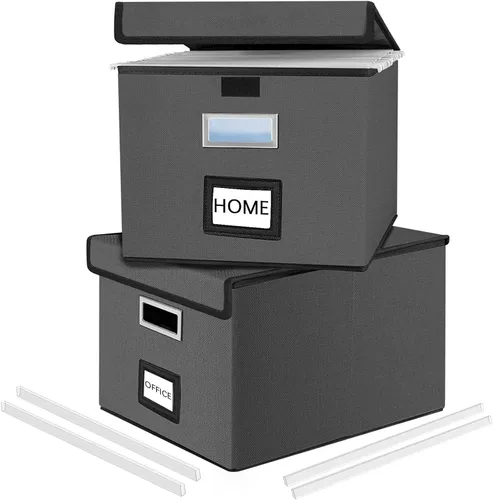 Vista 25 de Caja organizadora de archivos Huolewa con tapa, caja organizadora de carpetas de archivos colgantes de cuero sintético plegable con deslizadores