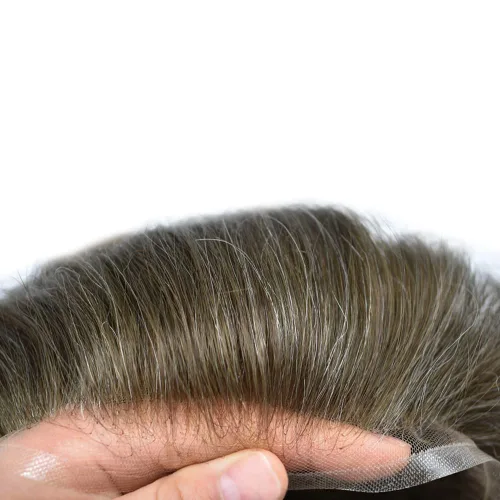 Vista 3 de Toupee para hombres Piezas de cabello humano real, encaje francés completo para hombres, pieza de cabello, nudos blanqueados, línea capilar natural
