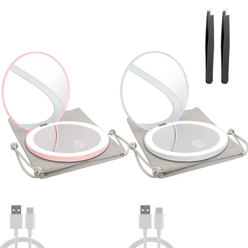 Vista 14 de Espejo compacto con luz LED, espejo recargable con aumento 1x/10x, 3.5 pulgadas, espejo de viaje regulable para bolso, bolsillo, espejo de Negro