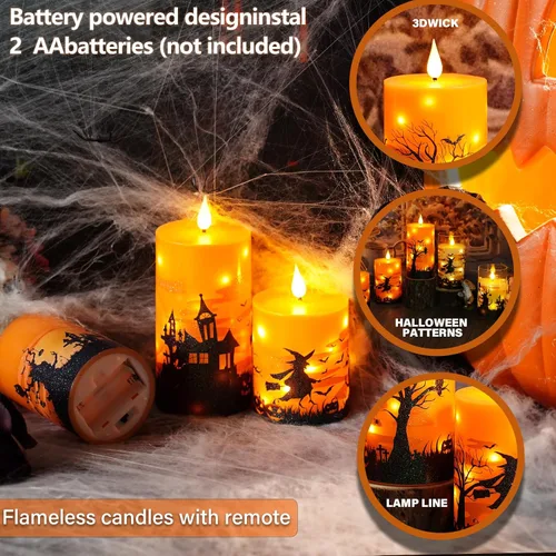 Vista 2 de Sasigeiaa - Velas sin llama de Halloween con control remoto - Velas LED naranjas y luces de cadena, juego de 3 que funcionan