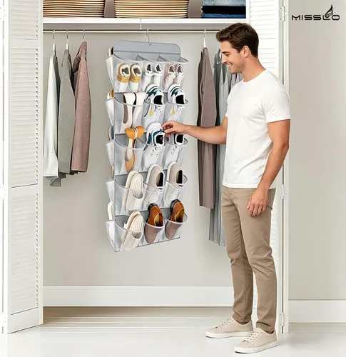 Vista 7 de MISSLO Organizador de zapatos colgante de doble cara con 30 bolsillos grandes para armario, con colgador giratorio, estantes colgantes para zapatos