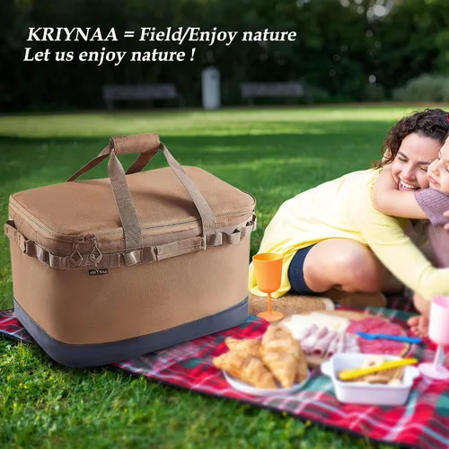 Vista 6 de Bolsa plegable para transportar alimentos, bolsa portátil para comestibles (48 litros), adecuada para catering, catering, picnic, campamento, Marrón