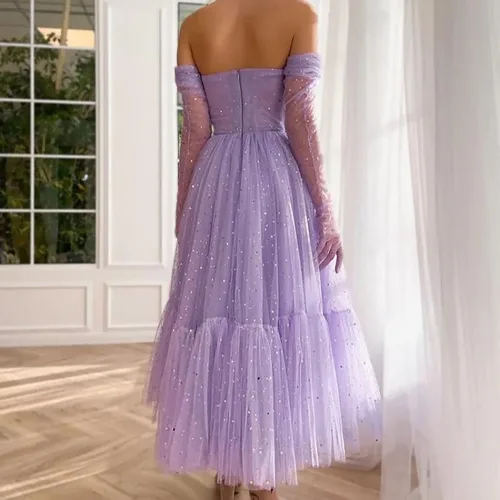 Vista 7 de Vestidos elegantes y esponjosos para mujer, con hombros descubiertos, fruncidos, de tul, sin tirantes, vestidos formales de fiesta de noche