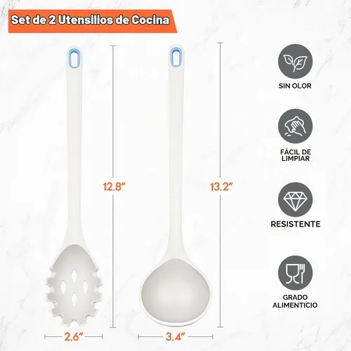 Vista 6 de Juego de 2 utensilios de cocina de silicona para espaguetis y cucharón de Blanco