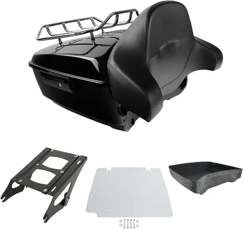 Vista 32 de Respaldo de Maletero de Equipaje King Tour Negro Brillante con Placa de Rack de Montaje Compatible con Harley Modelos Touring 2014-2025 Road Glide