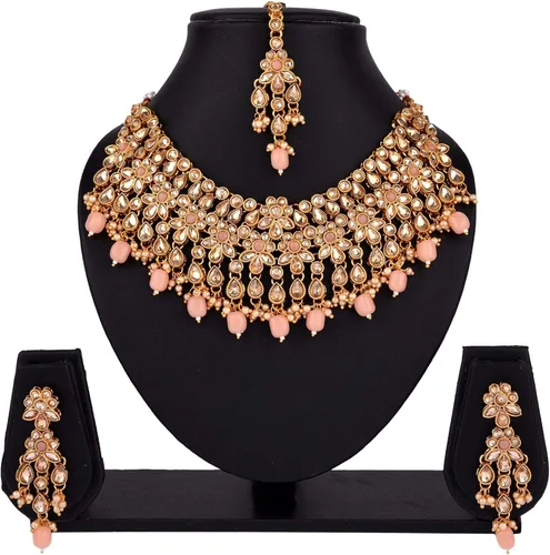 Vista 6 de Efulgenz Indian Jewelry Choker Necklace Maang Tikka Earrings Bollywood Wedding Crystal Kundan Necklace Earrings Head Chain Set