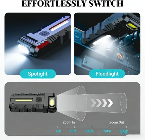Vista 5 de Luz de trabajo LED con cabezal giratorio de 180°, doble haz, base magnética y recargable USB-C, mini llavero, linterna manos libres con clip