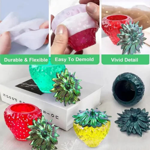 Vista 3 de Moldes de resina para tarro de fresa, tarros de almacenamiento, molde de silicona 3D de resina epoxi para baratijas con tapa para manualidades